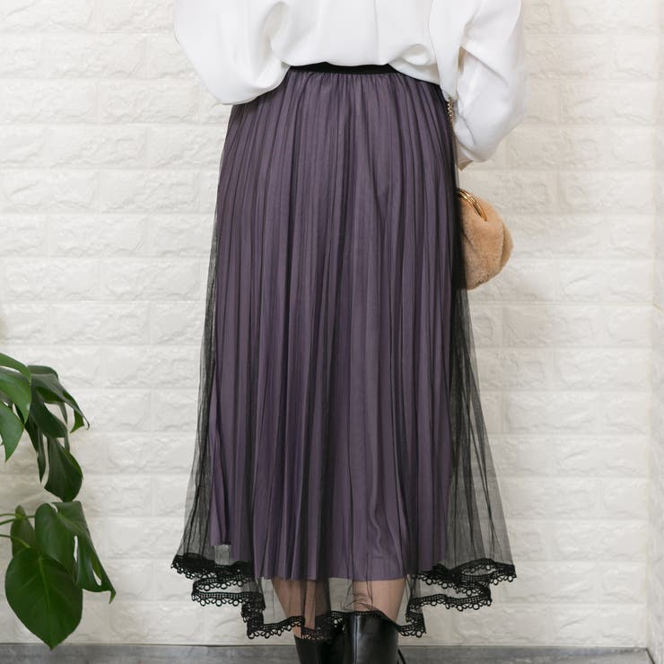 チュール（黒）使い 表裏リバーシブル ロングプリーツスカート