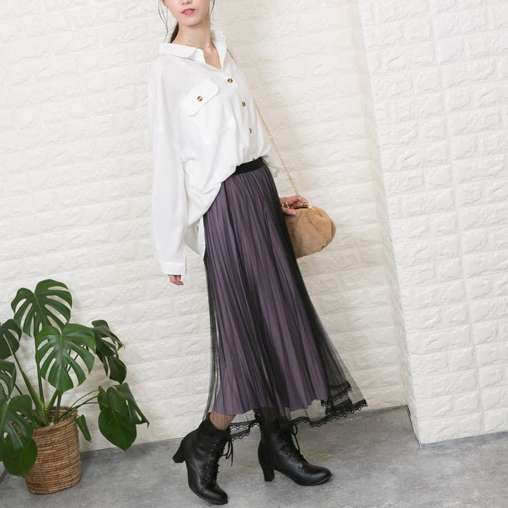 ブラック プリーツスカート チュール セール】［size SHORT/TALLあり］2WAY チュール プリーツ