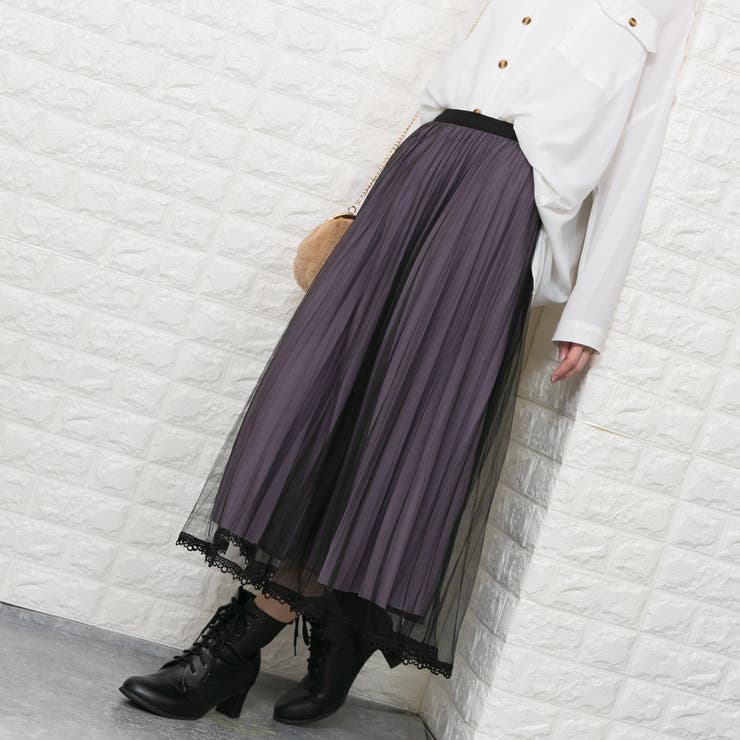 チュール（黒）使い 表裏リバーシブル ロングプリーツスカート