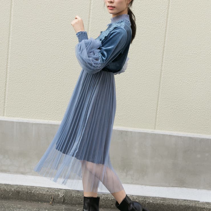 ベロア+チュールプリーツ レース付き ロングワンピース[品番