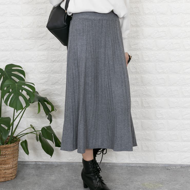 ニット プリーツ風 ロングフレアスカート[品番：PPNW0002178]｜Pumpkin