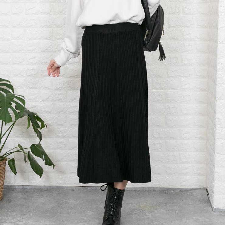 ニット プリーツ風 ロングフレアスカート[品番：PPNW0002178]｜Pumpkin