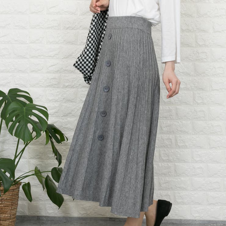 ニット 前ボタンプリーツ風 ロングフレアスカート[品番：PPNW0002107