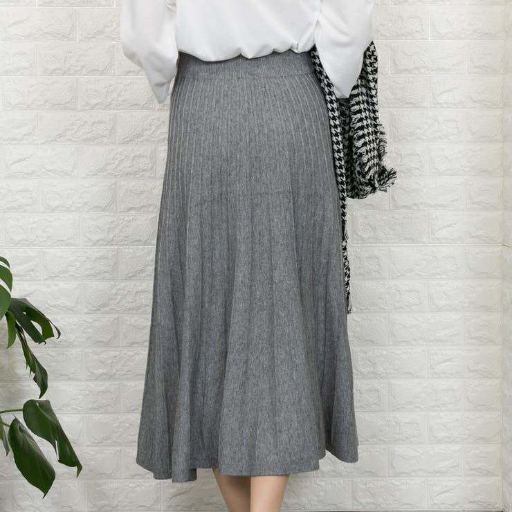 ニット 前ボタンプリーツ風 ロングフレアスカート[品番：PPNW0002107