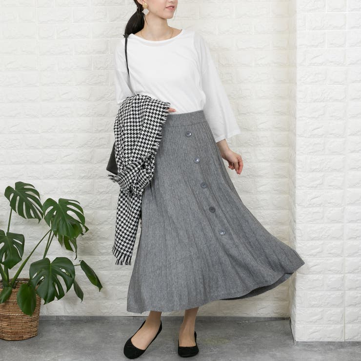 ニット 前ボタンプリーツ風 ロングフレアスカート[品番：PPNW0002107