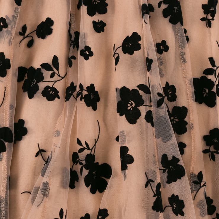 フロッキー 花柄 チュール ロングスカート[品番：PPNW0002341