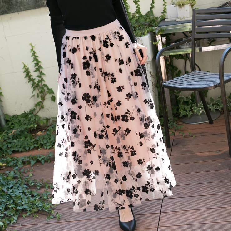 フロッキー 花柄 チュール ロングスカート[品番：PPNW0002341