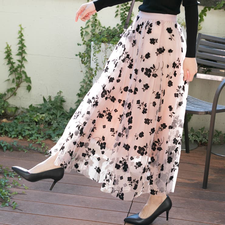 フロッキー 花柄 チュール ロングスカート[品番：PPNW0002341