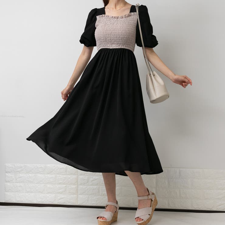 配色 シャーリング ハイウエスト ワンピース 品番 Ppnw Pumpkin Port パンプキンポート のレディースファッション通販 Shoplist ショップリスト