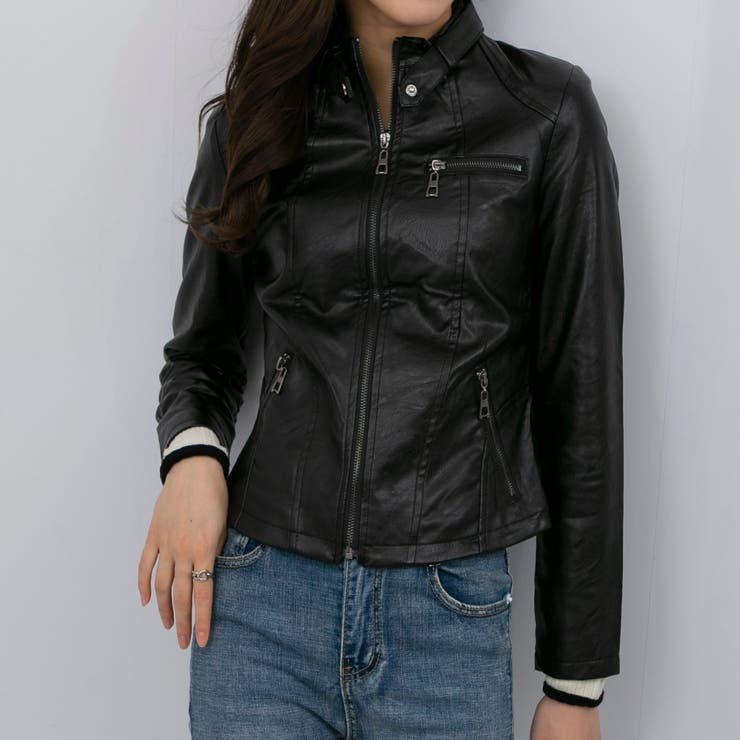 韓国製皮ジャケット ブラック。 バンドカラー フェイクレザー ライダースジャケット[品番