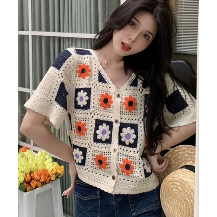 花柄モチーフ かぎ針 カーディガン[品番：PPNW0003609]｜Pumpkin