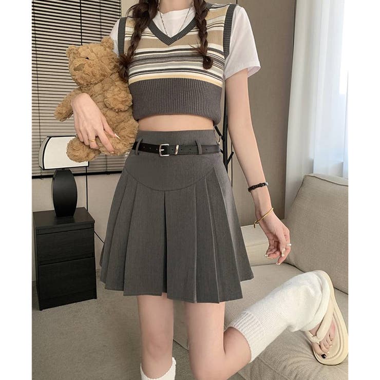 【KAREN MILLEN】プチ フルスカートベルト付きミダキシスカート セール】ベルト付プリーツミニスカート(BL)（スカート）｜almo