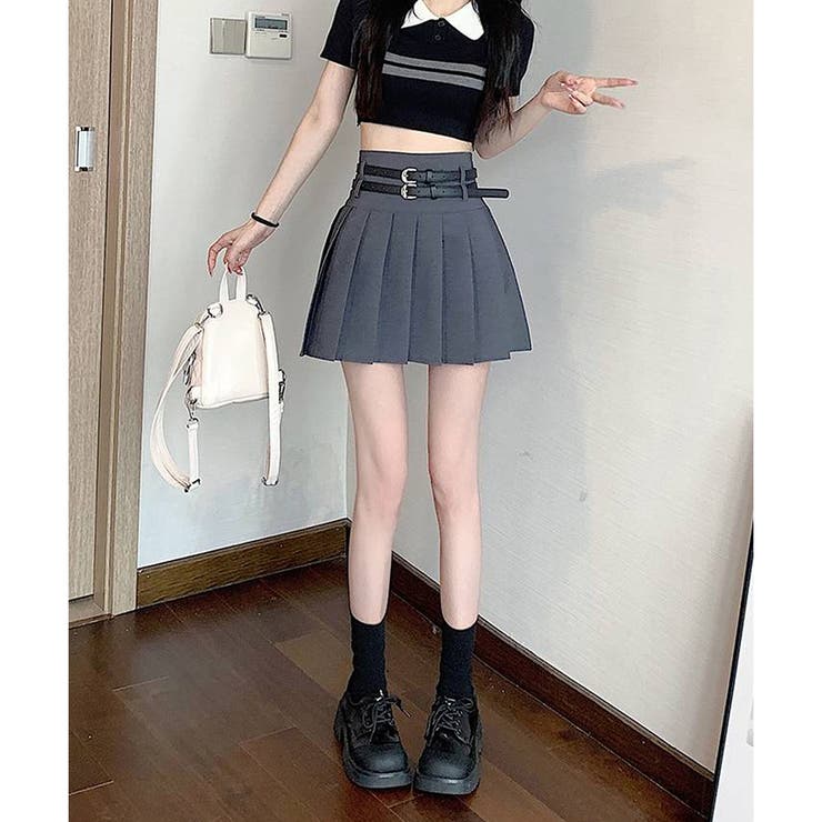 Wベルト インパン付 プリーツミニスカート[品番：PPNW0003660