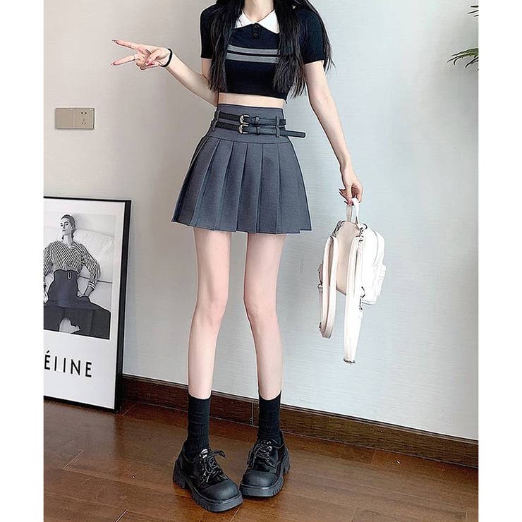 Wベルト インパン付 プリーツミニスカート[品番：PPNW0003660