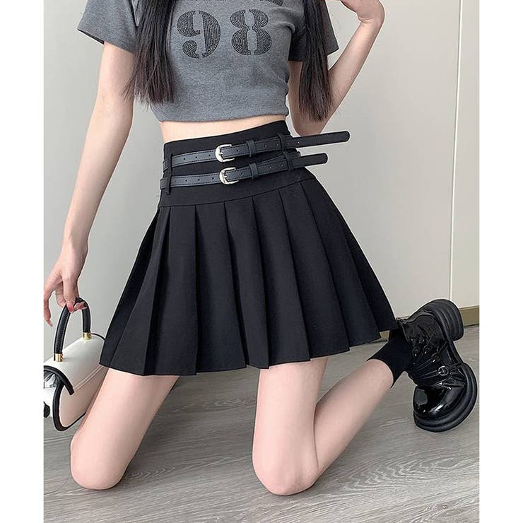 Wベルト インパン付 プリーツミニスカート[品番：PPNW0003660