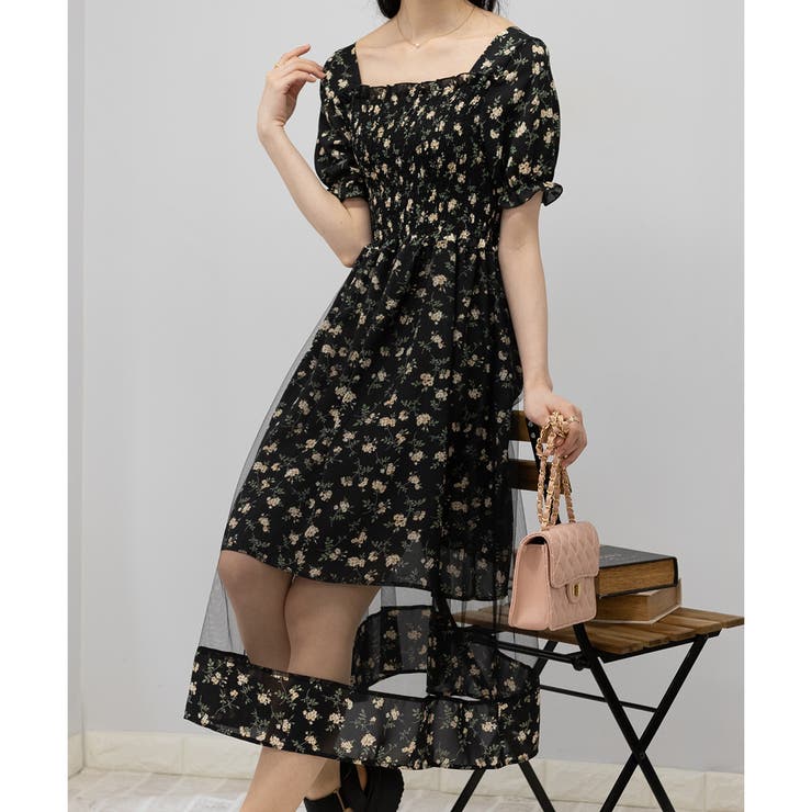 新品　パリンカ　'PalinkA プリントロングワンピース　36 チュール重ね 花柄 シャーリング ロングワンピース[品番