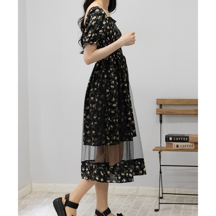 チュール重ね 花柄 シャーリング ロングワンピース[品番