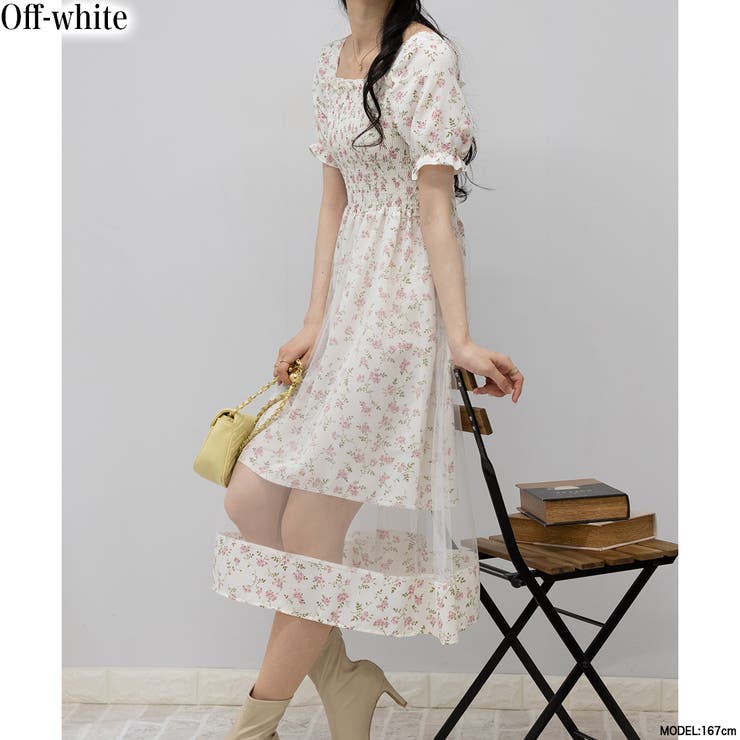 チュール重ね 花柄 シャーリング ロングワンピース[品番：PPNW0003749