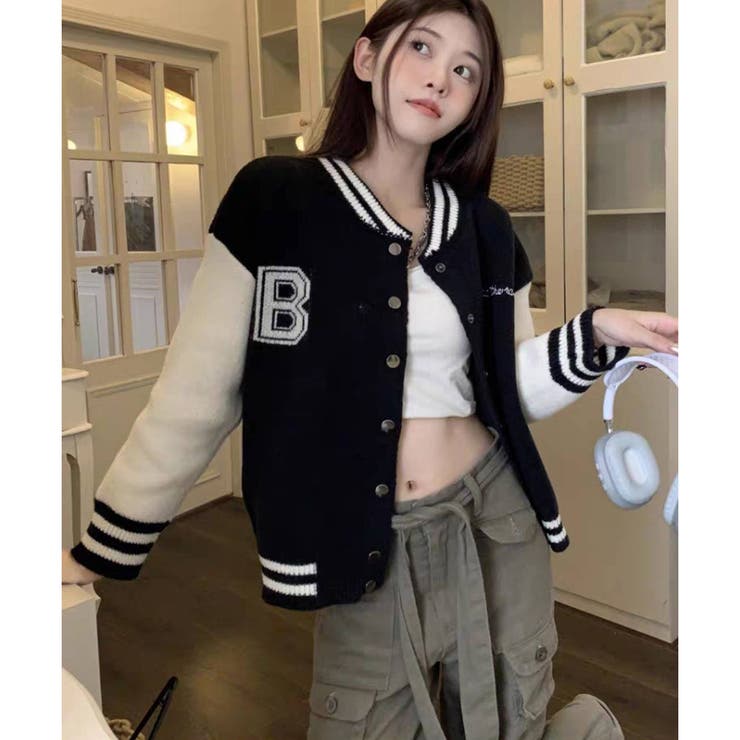 Bロゴ ニットスタジャン 韓国ファッション[品番：PPNW0003876