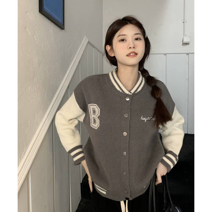 Bロゴ ニットスタジャン 韓国ファッション[品番：PPNW0003876