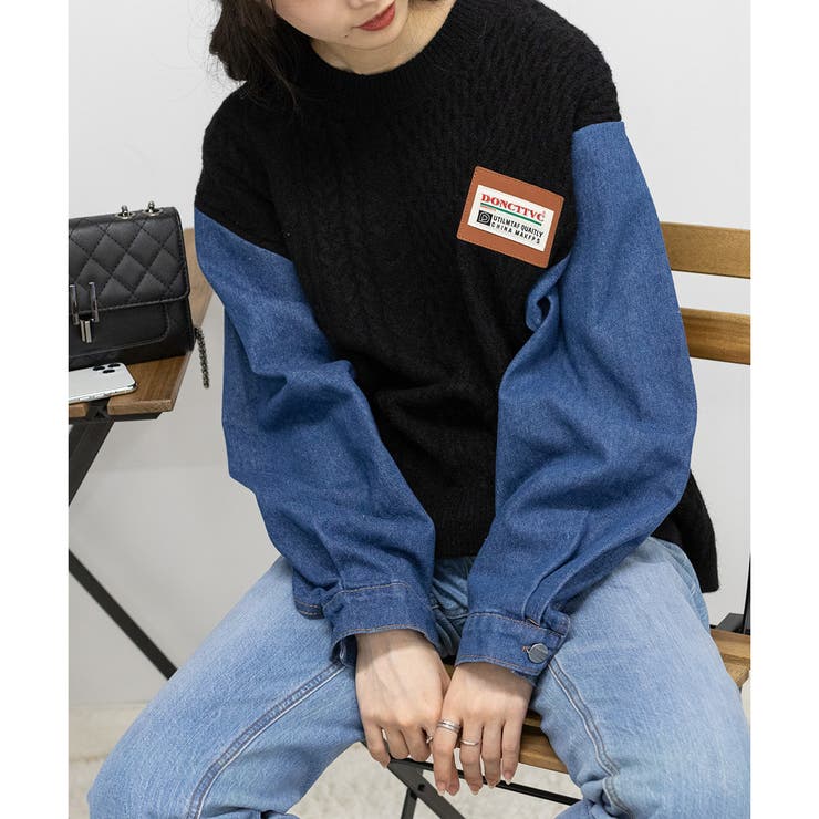 ニット+デニム袖 ドッキングセーター 韓国ファッション 人気 Y2K