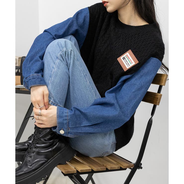 ニット+デニム袖 ドッキングセーター 韓国ファッション 人気 Y2K[品番：PPNW0003858]｜Pumpkin  Port（パンプキンポート）のレディースファッション通販｜SHOPLIST（ショップリスト）
