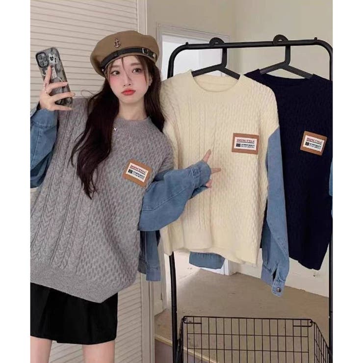 ニット+デニム袖 ドッキングセーター 韓国ファッション 人気 Y2K[品番：PPNW0003858]｜Pumpkin  Port（パンプキンポート）のレディースファッション通販｜SHOPLIST（ショップリスト）