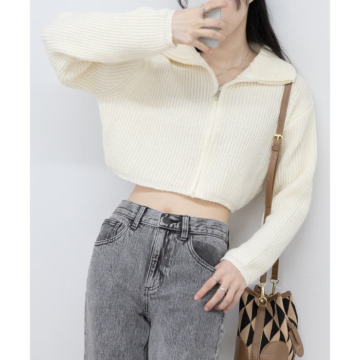 短丈 ZIP-UP ニット Y2K 韓国ファッション[品番：PPNW0003889