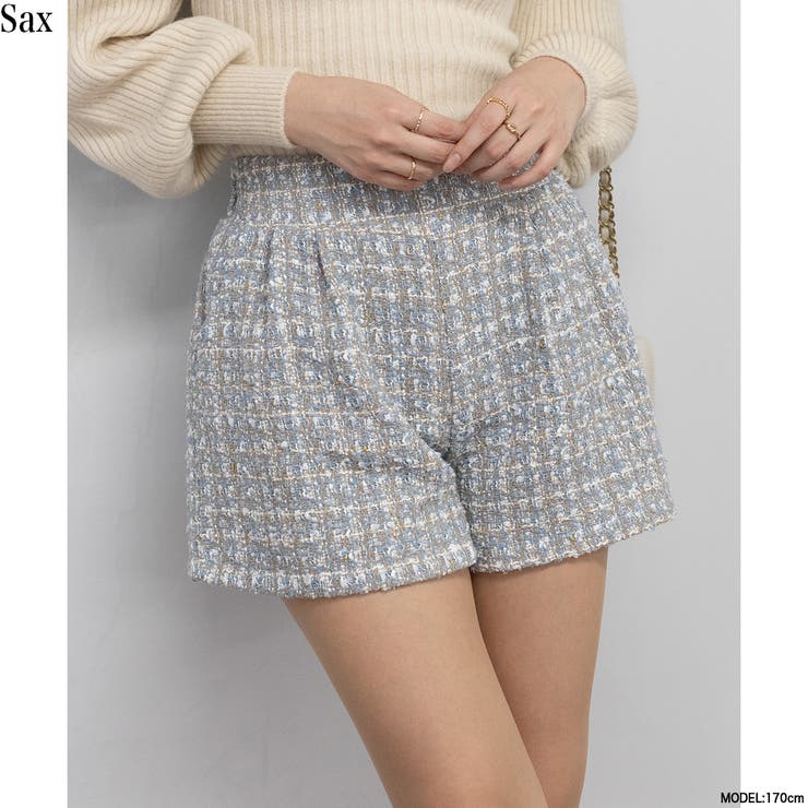 ポワンシルエット ラメ ツィード タック入り ショートパンツ 美脚魅せ