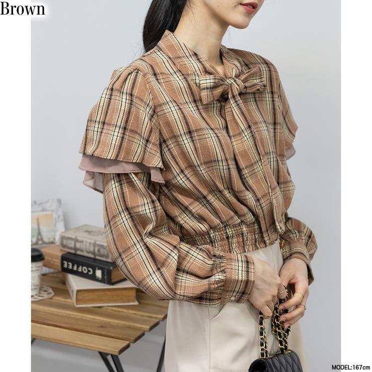ネルチェック 肩フリルボウタイリボン 短丈 ブラウス[品番