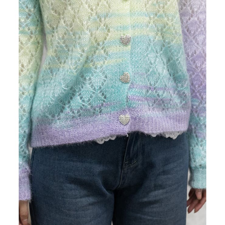 グラデーションカラー ハートボタン モヘアニットカーディガン[品番