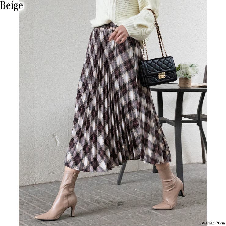 ベージュ | ネルチェック プリーツロングスカート | Pumpkin  Port