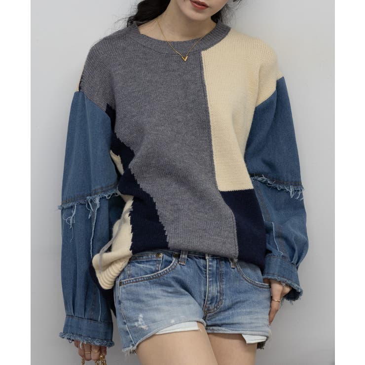 人気 ブランド 服をチェック - 最新トレンドファッション デニム袖切替BIGサイズ 配色ニット[品番：PPNW0003981]｜Pumpkin Mサイズ