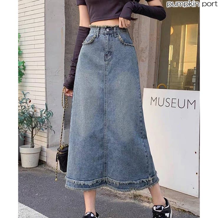 M/L 2サイズ ヴィンテージ加工 フリンジデザイン デニム ロング