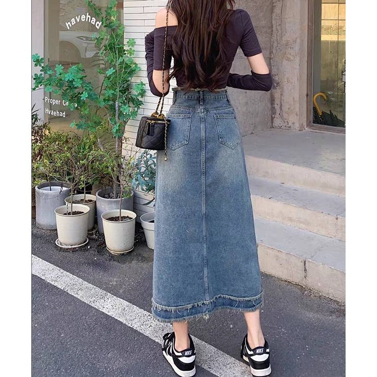 M/L 2サイズ ヴィンテージ加工 フリンジデザイン デニム ロング