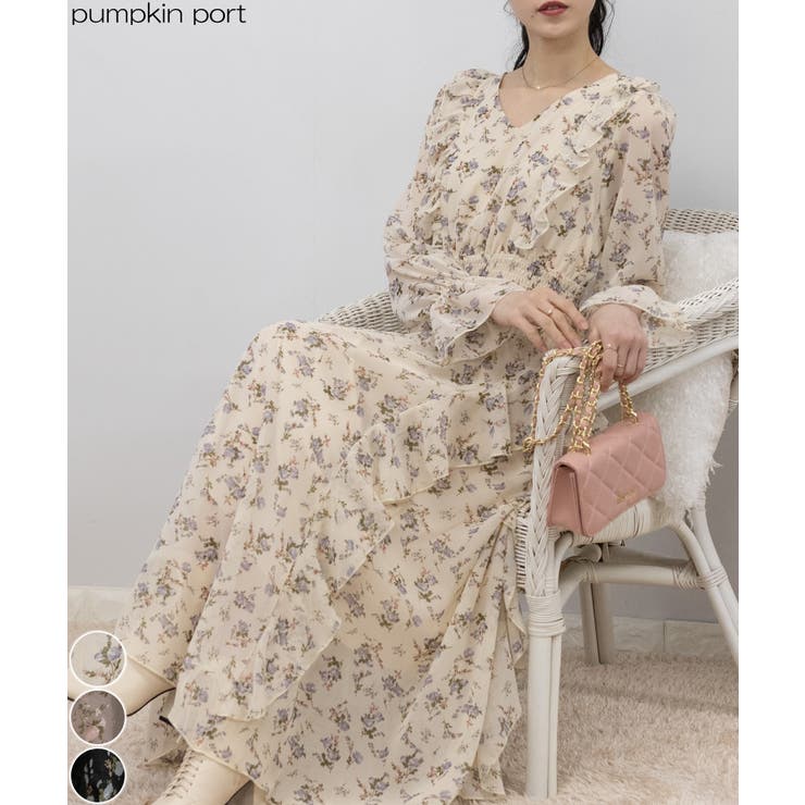 シフォン 花柄 フリルロングワンピース[品番：PPNW0004052]｜Pumpkin