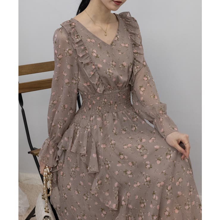シフォン 花柄 フリルロングワンピース[品番：PPNW0004052]｜Pumpkin