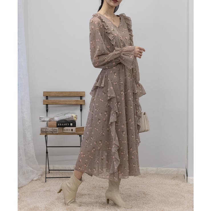 シフォン 花柄 フリルロングワンピース[品番：PPNW0004052