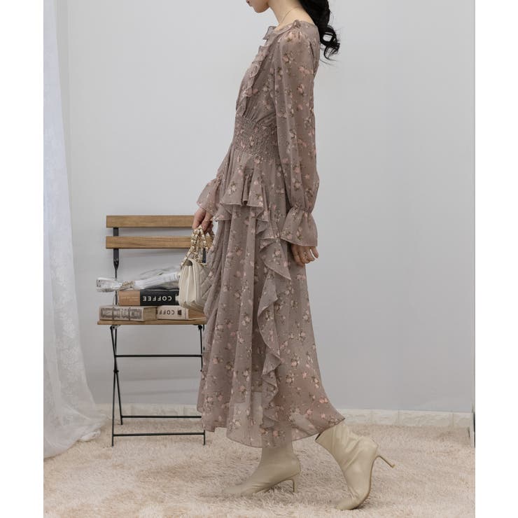 シフォン 花柄 フリルロングワンピース[品番：PPNW0004052]｜Pumpkin