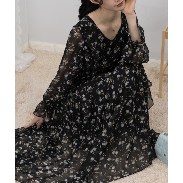 シフォン 花柄 フリルロングワンピース[品番：PPNW0004052]｜Pumpkin
