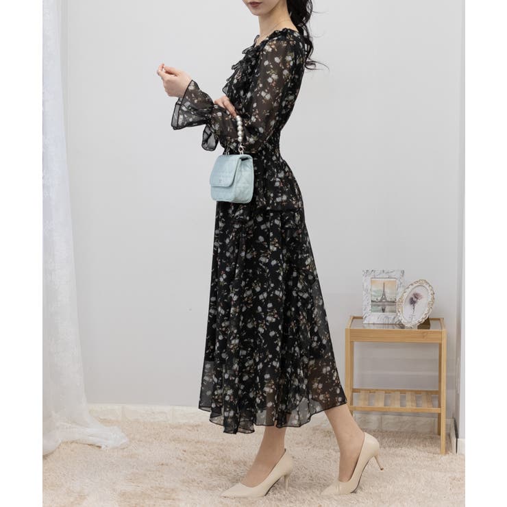 シフォン 花柄 フリルロングワンピース[品番：PPNW0004052