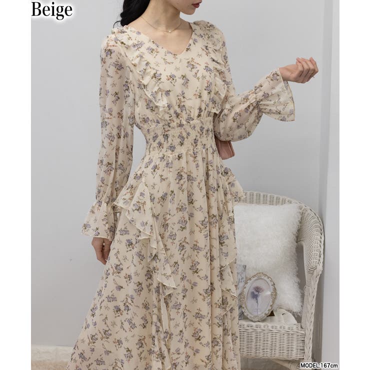 シフォン 花柄 フリルロングワンピース[品番：PPNW0004052