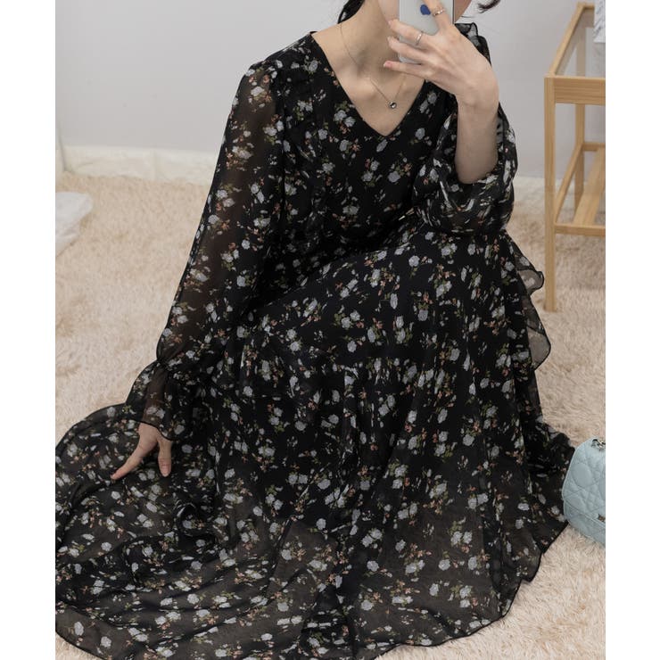 シフォン 花柄 フリルロングワンピース[品番：PPNW0004052]｜Pumpkin