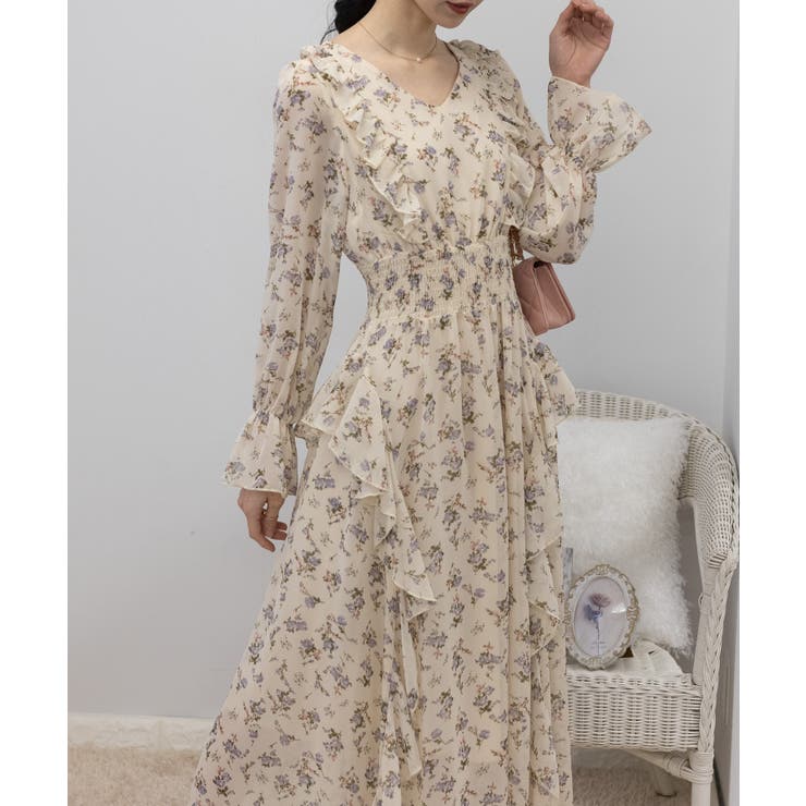 シフォン 花柄 フリルロングワンピース[品番：PPNW0004052]｜Pumpkin