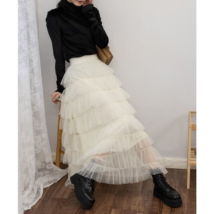 段フリルのチュールロングスカート[品番：PPNW0004021]｜Pumpkin Port