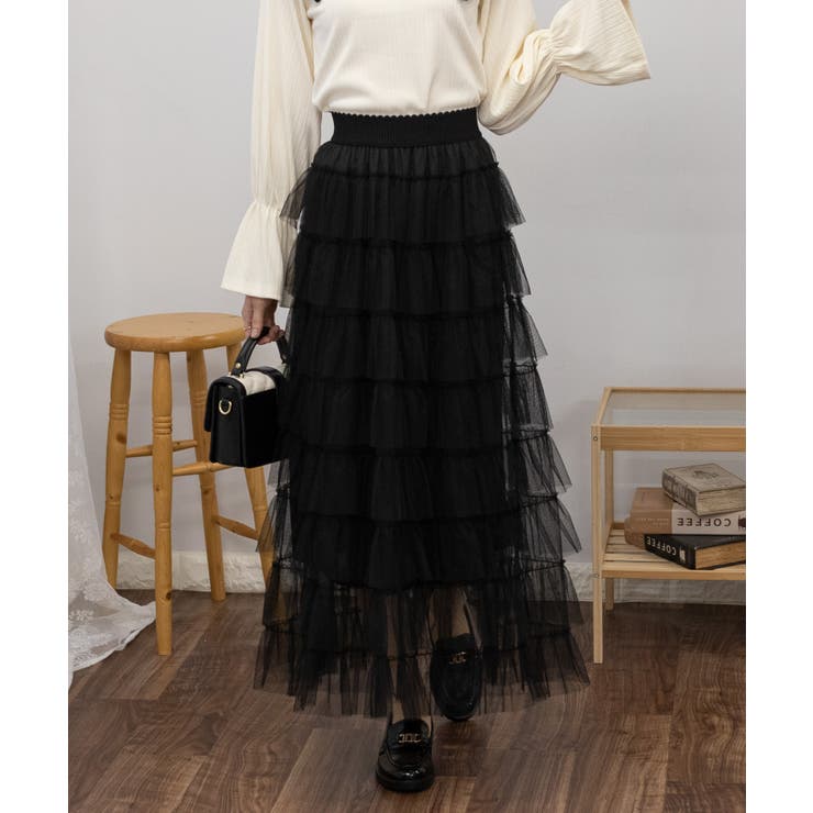 段フリルのチュールロングスカート[品番：PPNW0004021]｜Pumpkin Port