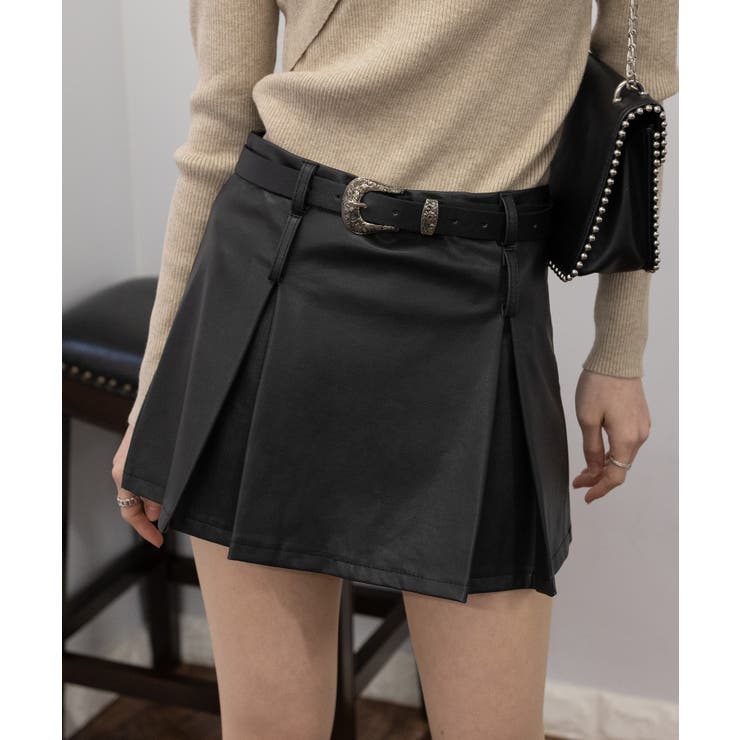 ベルト付フェイクレザー BOXプリーツミニスカート[品番