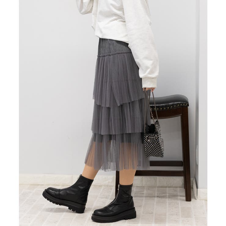 段チュール アシメシルエット ロングスカート[品番：PPNW0004072