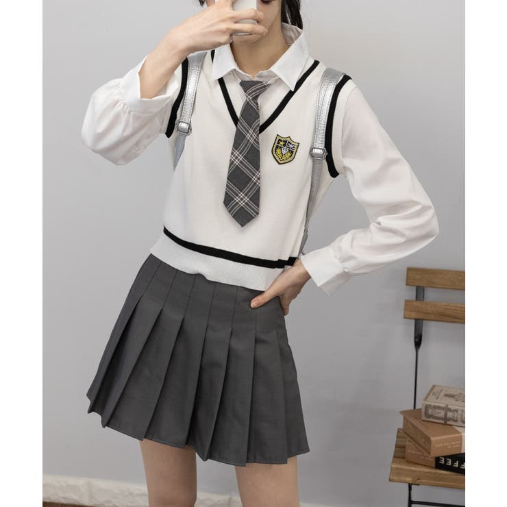 ベストレイヤードシャツ+プリーツミニスカート セットアップ[品番