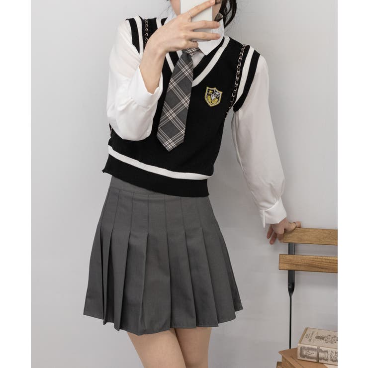 ベストレイヤードシャツ+プリーツミニスカート セットアップ[品番